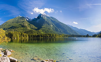 jezero, stromy, les, vysokohorský, hintersee, berchtesgaden, bavaria, krajina, Příroda, panoráma, ramsau