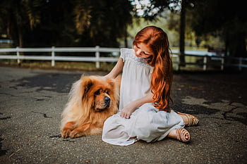 red-haired girl, Chow Chow, fluffy dog, serene moment, outdoor setting, gray concrete, friendship, young girl, white dress, sandals, white fence