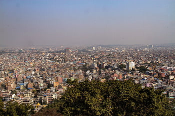 kathmandu, znečištěný kathmandu, kathmandu město, Nepál, kapitál Nepálu, pohled z swayambhunath, opičí chrám, budov, znečištění, prach