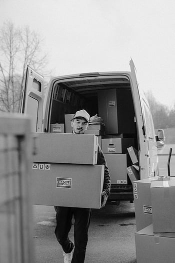 delivery man, carton boxes, courier, cardboard boxes, delivery van, shipment, fragile, handle with care, delivery service, shipping, logistics