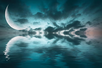 Fantasie, Natur, Meer, Mond, Reflexion, Wolken, Himmel, Nacht-, Abend, Ozean, Nachthimmel