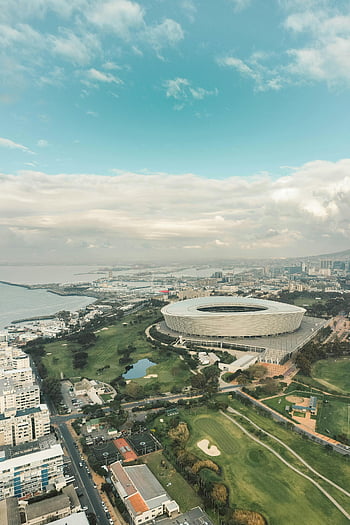 letecký snímek, Kapské město, Jižní Afrika, stadion, městské krajiny, pobřežní krajiny, stadión, panoráma města, letecký pohled, zelená pole, nábřeží