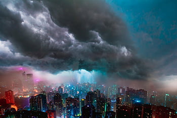 city, night, storm, landscape, fantasy, nature, clouds, buildings, lightning