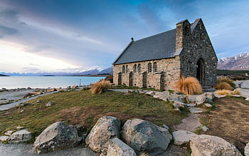 stone church, Lake Tekapo, mountains, dusk, picturesque, body of water, New Zealand, scenic, rural, architecture, nature