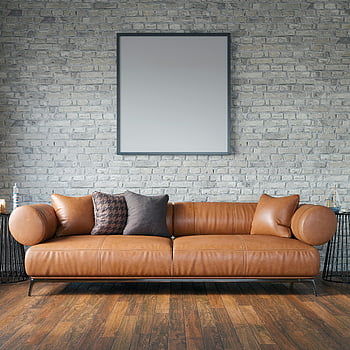 divano in pelle, divano moderno, muro di mattoni, Elegante soggiorno, pavimenti in legno, mobili per soggiorno, pelle marrone, design contemporaneo, Home decor, interior design, divano