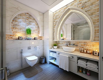 modern bathroom, marble tiles, ambient lighting, stylish decor, white towel, gray steel bar, elegant bathroom, arched mirror, bathroom vanity, bathroom design, bathroom decor
