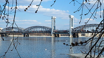 Petrohrad, řeka, jaro, modrý, nebe, voda, přechod, železnice, kov, Rusko, neva