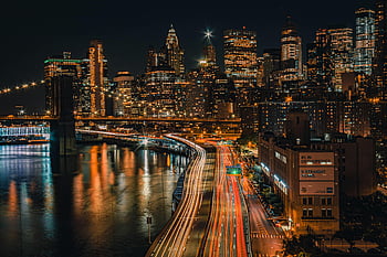 New York City, panoráma, noc, dlouhé expozice, vibrující, panoráma města, večer, městský, provoz, odrazy