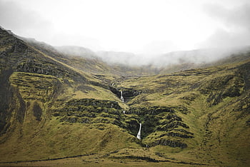 Green Mountains, fog-covered mountains, cascading waterfalls, Iceland landscape, serene landscape, natural scenery, mountain waterfalls, green hills, misty mountains, Icelandic nature, tranquil scenery