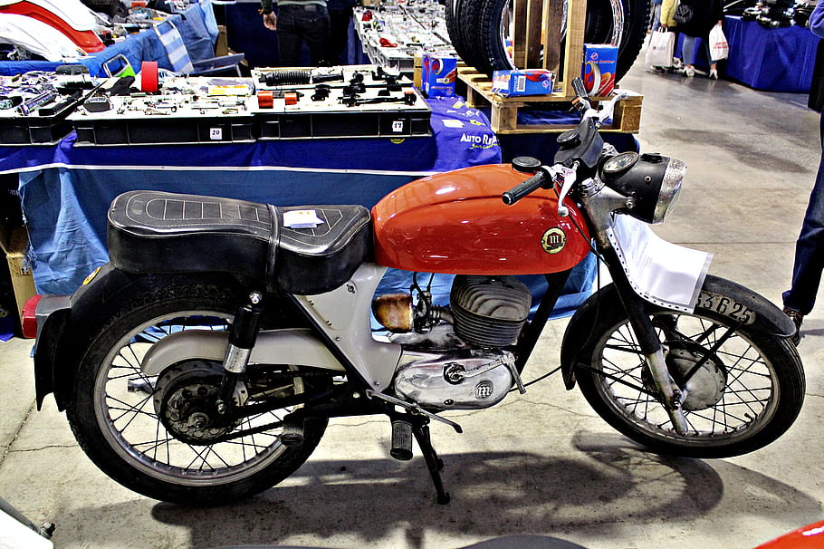 Montesa Impala, 175cc, motorcycle, for sale, restoration, vintage, bike, orange tank, black seat, indoor display, tires