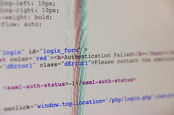 Kod HTML, kod php, Komunikat o błędzie, Formularz logowania, uwierzytelnianie nie powiodło się, ekran komputera, zdjęcie zbliżenie, tworzenie stron internetowych, kod programowania, Błąd oprogramowania, Kodowanie internetowe