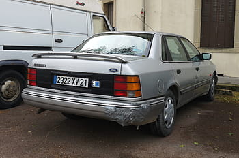 ford, Escorpião, 1990, carro, prata, visão traseira, Chalon Sur Saone, placa de carro, pára -choque danificado, furgão, construção