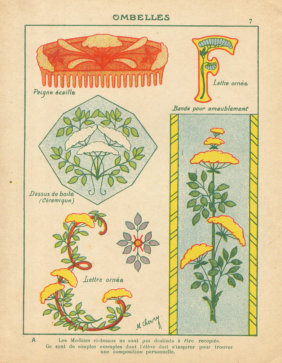 Art Nouveau, decorative designs, floral patterns, ornate letter F, comb illustration, ceramic box lid, border design, vintage illustration, French text, artistic elements, nature-inspired art