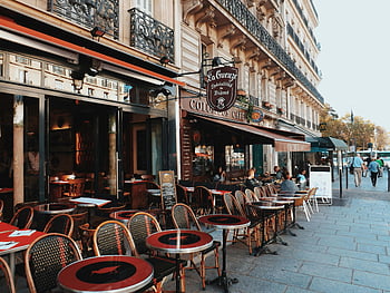 stoly a židle, venkovní posezení, chodník kavárna, Paříž, klasické architektury, Pozvání kavárny, venkovní restaurace, ulice, Městské stolování, francouzská kavárna, pouliční scény
