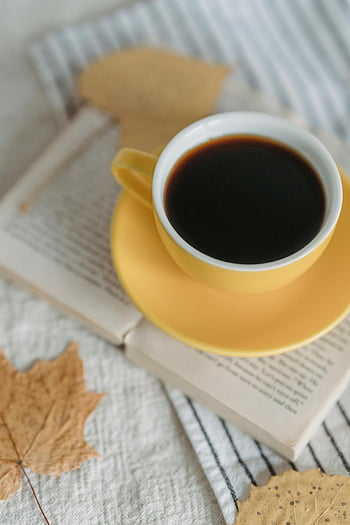 kahve fincanı, açık kitap, sonbahar yaprakları, rahat kurulum, Rahatlatıcı okuma, sarı fincan, fincan tabağı, sonbahar sezonu, sıcak içecek, kitap okuma, rahat atmosfer