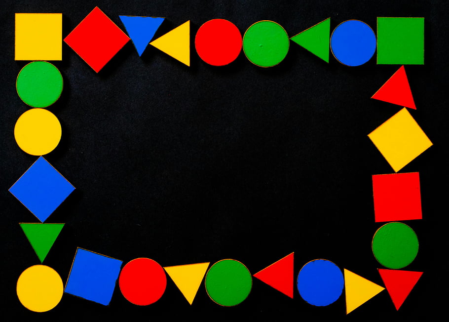 barevné tvary, geometrické tvary, zářivé barvy, černé pozadí, dynamický rám, Různé barvy, různé tvary, geometrický design, barevný design, abstraktní umění, Geometrické umění