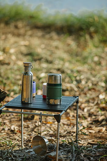 portable table, vacuum flasks, coast, camping scene, stainless steel thermos, cups, outdoor camping, nature, tranquil scene, thermos