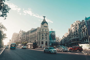 auta na silnici, gran vía, Madrid, Španělsko, provoz, architektura, dynamický pohled, budov, panoráma města, městské scény, vozidel