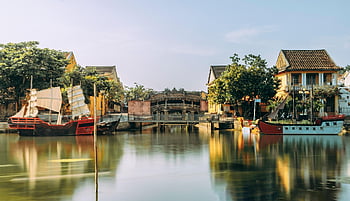 h ani an, Stadt, Dorf, Kanal, Vietnam, alte Stadt, Brücke, Reflexion, Wasser, Wasserweg, Boot, Häuser