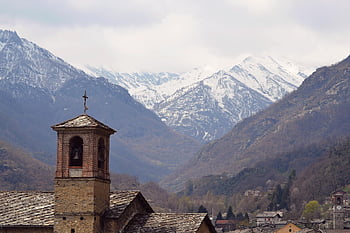 italy, church, mountains, landscape, piedmont, turin, village