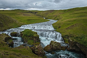 waterfall, river, stream, grass, field, pasture, water, nature, seljalandsfoss, panorama, landscape