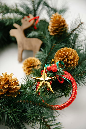 vánoční věnec, šiškami, hvězda ornament, postava soba, bílé pozadí, dekorativní Vánoce, Dovolená dekor, slavnostní dekorace, vánoční dekorace, vánoční ozdoby, červenou stuhou