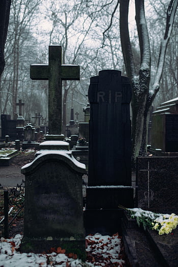 náhrobek, betonový kříž, Zimní hřbitov, Sněhové náhrobky, Holé stromy, klidný hřbitov, rip, scéna hřbitova, zimní scény, Snow-pokryté náhrobky