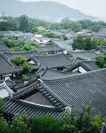 Tradiční asijské budovy, střechy, korejské architektury, jeonju hanok vesnice, letecký pohled, klidná krása, Tradiční korejština, hanok vesnice, Tradiční budovy, asijské architektury, jeonju
