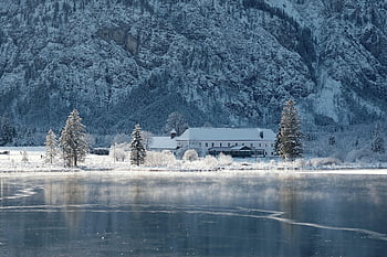 zamrzlé jezero, sníh, Dům, banka, jezero, odraz, zamrzlý, led, zimní, hory, krajina
