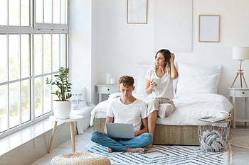 pár, ložnice, laptop, mladý, spolu, mužský, ženský, muž, žena, lidé, počítač