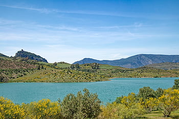 Spanien, andalusien, Province of Cadiz, natur, Reservoir Zahara-El Gastor, reservoir, zahara de la sierra, El Gasto, vand, landskab, bjerge