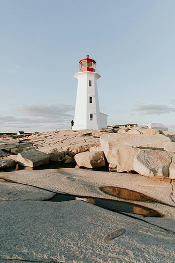 zátoka peggys, maják, Skalnaté popředí, západ slunce, nové Skotsko, Kanada, pohled, Maják Peggy's Cove, pobřežní krajiny, pohled na oceán, Přírodní krásy