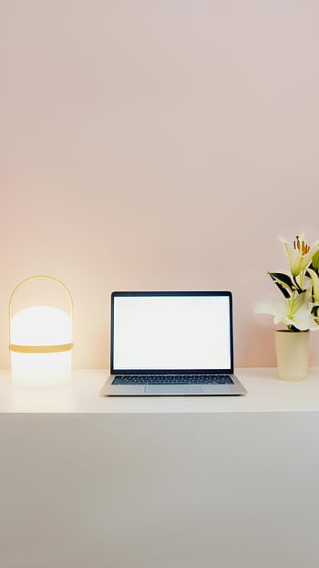 laptop, prázdná obrazovka, čistý stůl, Moderní pracovní prostor, Elegantní notebook, stolní lampa, květiny, pracovních prostorů, minimalistické nastavení, kancelářská výzdoba, Nástroje produktivity
