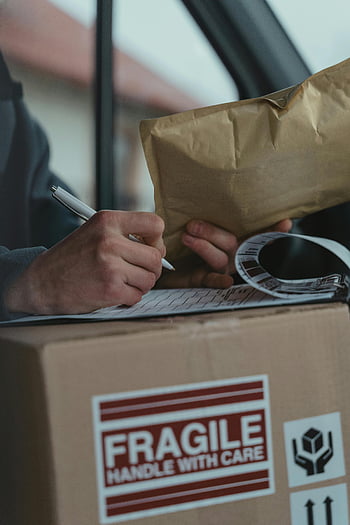 courier, writing, clipboard, fragile package, vehicle, delivery, box, handle with care, package, delivery service, close-up
