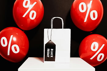bolsa de papel branco, balões vermelhos, sexta-feira preta, balões de desconto, Bolsa de compras, venda, percentagem, promocional, varejo, compras de férias, ofertas