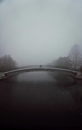foggy bridge, calm river, lone person, misty atmosphere, tranquil scene, foggy morning, bridge crossing, river view, serene landscape, misty bridge, calm waters