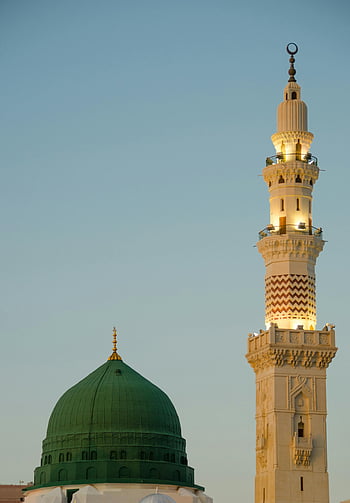 cupola verde, minareto, medina, Arabia Saudita, Al-Masjid An-Nabawi, vista incredibile, architettura islamica, Sito religioso, punto di riferimento storico, medio Oriente, moschea