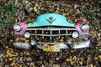 car, autumn leaves, vintage design, front view, car covered with leaves, vintage car, autumn season, classic automobile, retro car, car in leaves, vintage vehicle