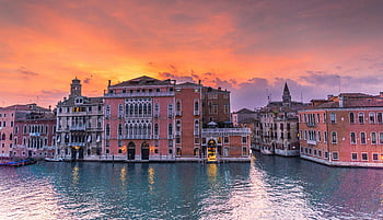 Venice, Grand Canal, sunset, historic architecture, serene waters, concrete building, river, Italian city, European landmarks, travel destinations, architectural beauty