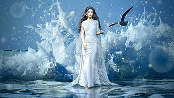 fantasy, girl, sea, spray, gull, water, nature, female, mood, mysterious, dream