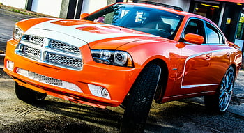 orange dodge sedan, classic car, chrome details, Myrtle Beach, shiny orange, parked, style and design, pavement, car, dodge, sedan