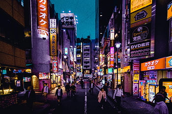 Shinjuku, Tokyo, night, colorful lights, bustling activity, lively streets, people walking, buildings, city life, urban scene, neon signs