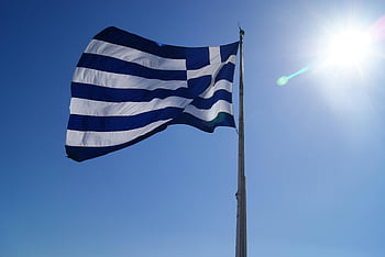 Flag of Greece, Greece national flag, clear blue sky, bright sun, waving flag, Greek flag, blue and white, national symbol, outdoor scene, sunny day, Greece culture