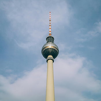 Berlin TV Tower, gray and red tower, iconic landmark, Germany's capital, blue sky, Berlin skyline, television tower, Berlin architecture, European landmarks, Berlin attractions, Berlin tourism