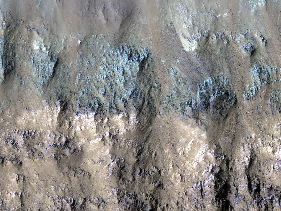 Mars, crater, Eos Chasma, Valles Marineris, rock types, enhanced color, HiRISE, geology, landscape, NASA, JPL
