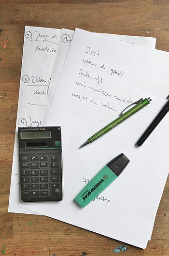 calculator, stationary, paper sheets, wooden desk, office stationery, pen, marker, top view, Texas Instruments, highlighter, desk setup