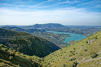 Espanha, Andaluzia, Puerto de Las Palomas, Província de Cádiz, Reservatório Zahara-El Gastor, reservatório, zahara de la sierra, El Gasto, agua, panorama, montanhas
