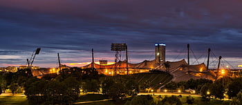 olympijský stadion, olympia, Mnichov, město, panoráma, architektura, olympijský park, bavaria, nebe, osvětlení, noc