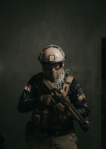 military uniform, firearm, soldier, full gear, camouflage, indoor, action ready, tactical gear, helmet, mask, vest