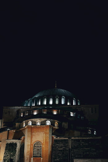 Hagia Sophia, Grand Mosque, Istanbul, Turkey, dome roof, nighttime view, historic building, exterior view, stunning architecture, night photography, illuminated windows